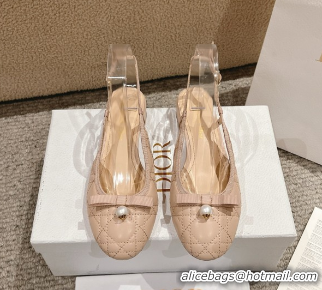 Shop Cheap Dior Ballet Slingback Pumps 3cm in Quilted Cannage Calfskin with Pearl Bow Nude 0822018
