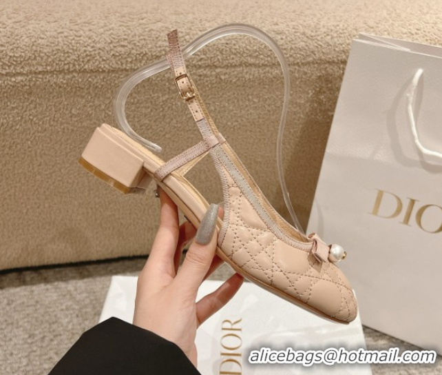 Shop Cheap Dior Ballet Slingback Pumps 3cm in Quilted Cannage Calfskin with Pearl Bow Nude 0822018