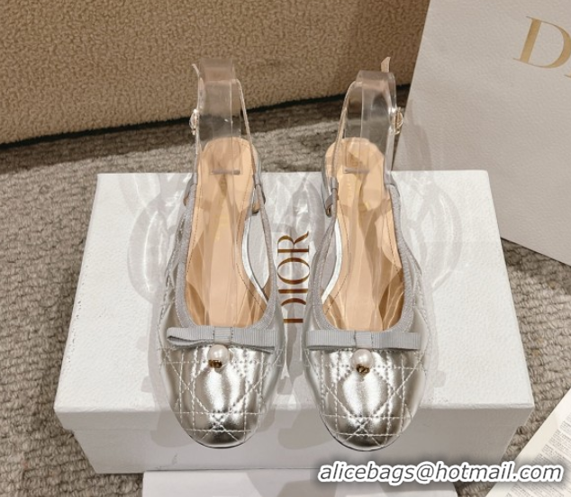 Buy Discount Dior Ballet Slingback Pumps 3cm in Quilted Cannage Calfskin with Pearl Bow Silver 0822019