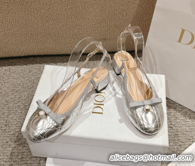 Buy Discount Dior Ballet Slingback Pumps 3cm in Quilted Cannage Calfskin with Pearl Bow Silver 0822019