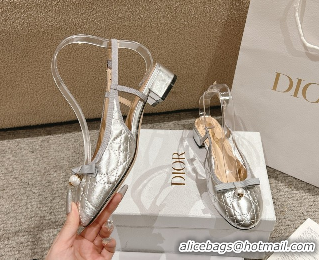 Buy Discount Dior Ballet Slingback Pumps 3cm in Quilted Cannage Calfskin with Pearl Bow Silver 0822019