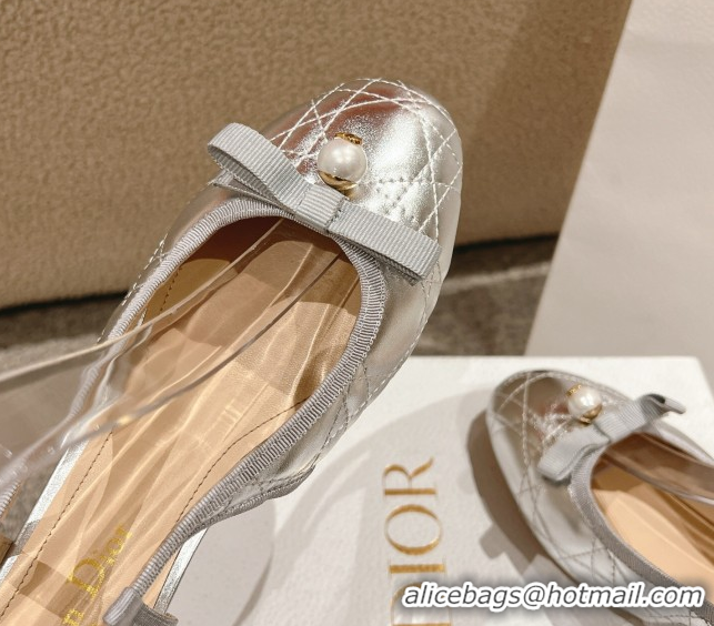 Buy Discount Dior Ballet Slingback Pumps 3cm in Quilted Cannage Calfskin with Pearl Bow Silver 0822019