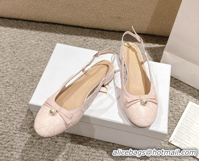 Most Popular Dior Ballet Slingback Pumps 3cm in Quilted Cannage Calfskin with Pearl Bow Light Pink 0822020