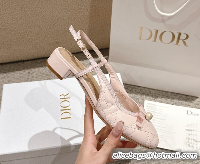 Most Popular Dior Ballet Slingback Pumps 3cm in Quilted Cannage Calfskin with Pearl Bow Light Pink 0822020
