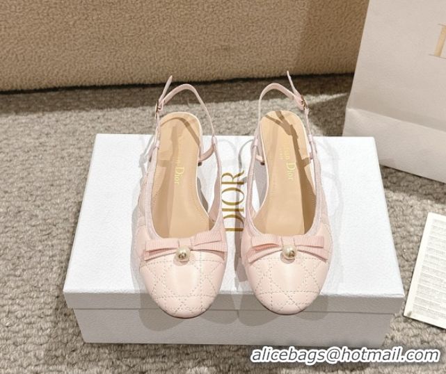 Most Popular Dior Ballet Slingback Pumps 3cm in Quilted Cannage Calfskin with Pearl Bow Light Pink 0822020