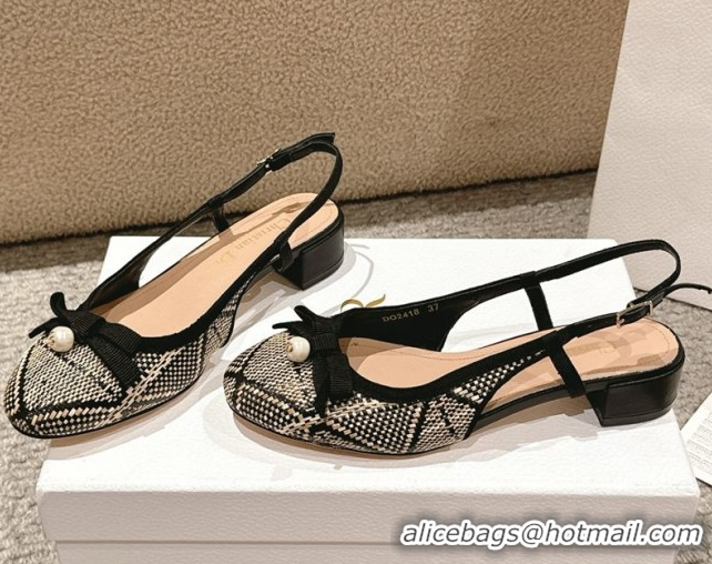 Durable Dior Ballet Slingback Pumps 3cm in Raffia Straw Like with Pearl Bow Beige/Black 0822021