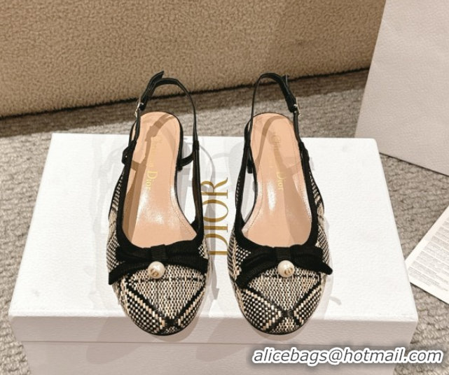 Durable Dior Ballet Slingback Pumps 3cm in Raffia Straw Like with Pearl Bow Beige/Black 0822021