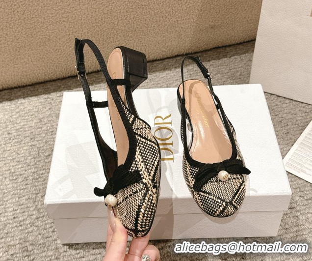 Durable Dior Ballet Slingback Pumps 3cm in Raffia Straw Like with Pearl Bow Beige/Black 0822021