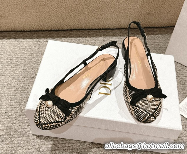 Durable Dior Ballet Slingback Pumps 3cm in Raffia Straw Like with Pearl Bow Beige/Black 0822021