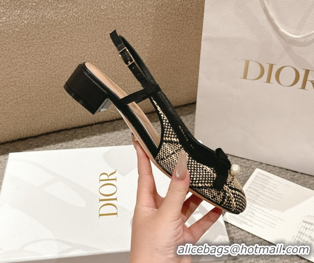 Durable Dior Ballet Slingback Pumps 3cm in Raffia Straw Like with Pearl Bow Beige/Black 0822021