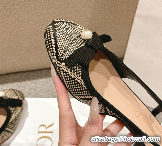 Durable Dior Ballet Slingback Pumps 3cm in Raffia Straw Like with Pearl Bow Beige/Black 0822021