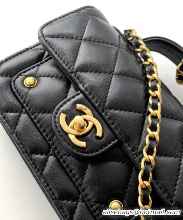 Super Quality Chanel Shiny Lambskin Clutch with chain and Top Handle Bag AP4675 Black 2025