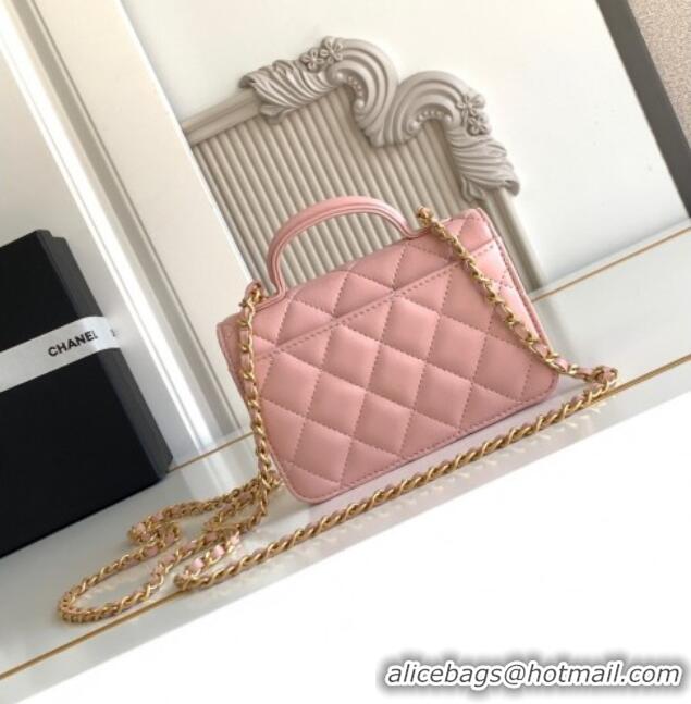 Buy Discount Chanel Shiny Lambskin Clutch with chain and Top Handle Bag AP4675 Light Pink 2025