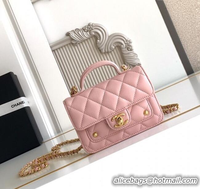 Buy Discount Chanel Shiny Lambskin Clutch with chain and Top Handle Bag AP4675 Light Pink 2025
