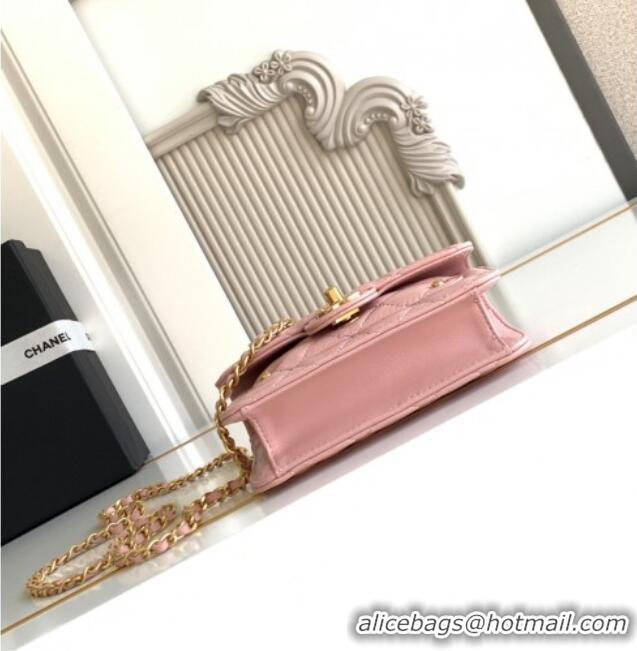 Buy Discount Chanel Shiny Lambskin Clutch with chain and Top Handle Bag AP4675 Light Pink 2025
