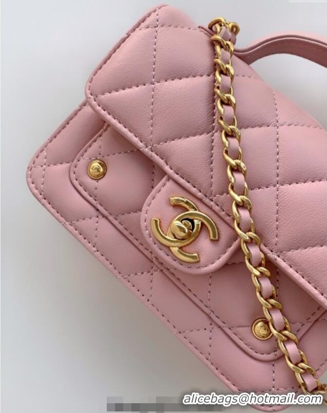 Buy Discount Chanel Shiny Lambskin Clutch with chain and Top Handle Bag AP4675 Light Pink 2025