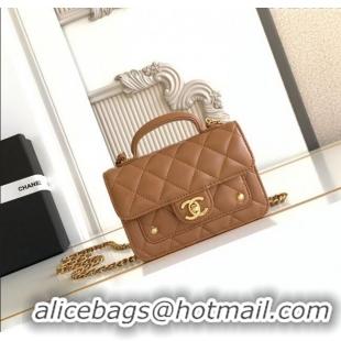 Promotional Chanel Shiny Lambskin Clutch with chain and Top Handle Bag AP4675 Brown 2025