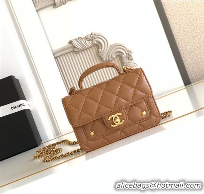 Promotional Chanel Shiny Lambskin Clutch with chain and Top Handle Bag AP4675 Brown 2025