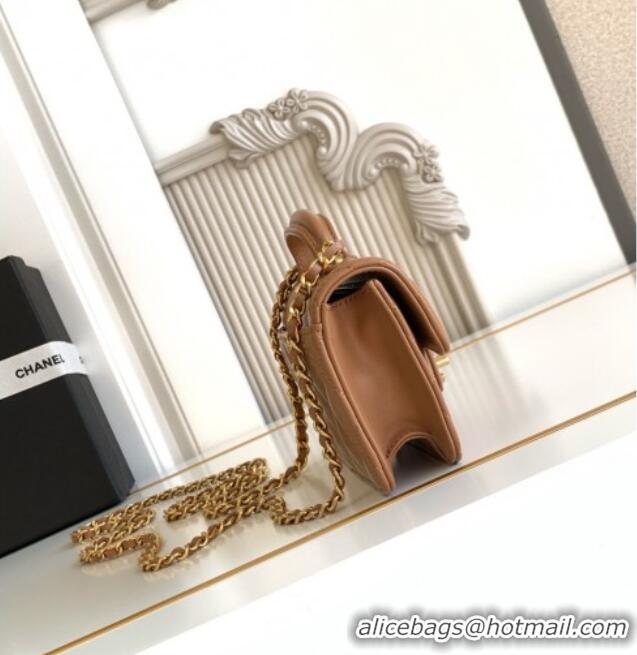 Promotional Chanel Shiny Lambskin Clutch with chain and Top Handle Bag AP4675 Brown 2025
