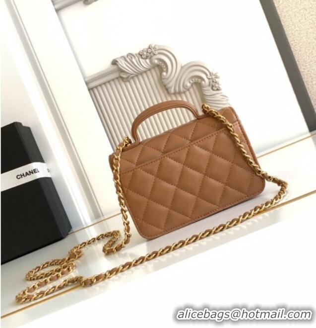 Promotional Chanel Shiny Lambskin Clutch with chain and Top Handle Bag AP4675 Brown 2025