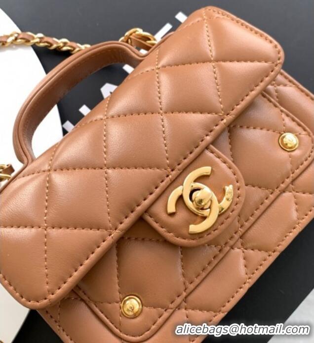 Promotional Chanel Shiny Lambskin Clutch with chain and Top Handle Bag AP4675 Brown 2025