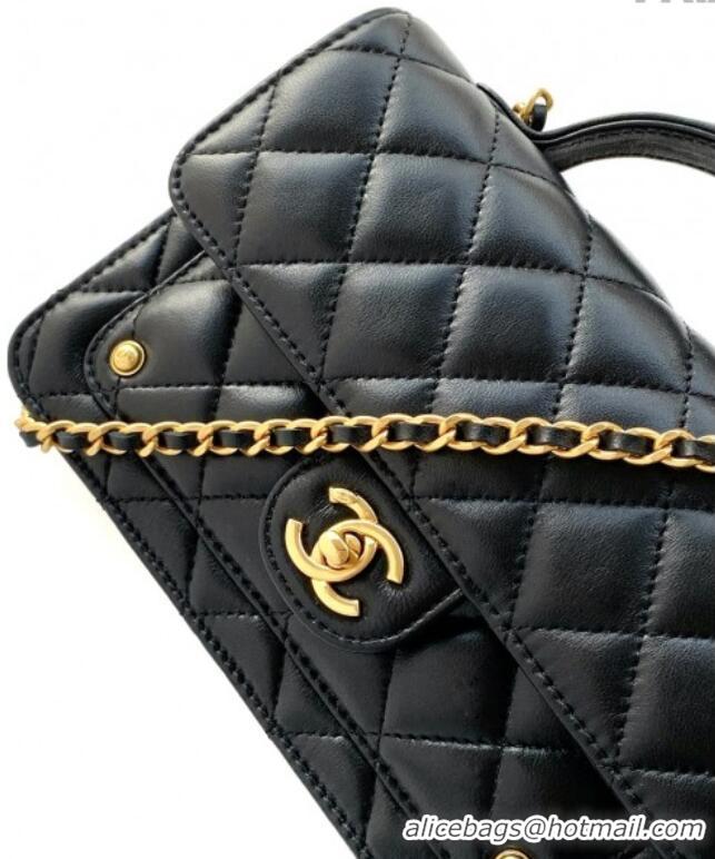 Affordable Price Chanel Shiny Lambskin Wallet with chain and Top Handle Bag AP4674 Black 2025