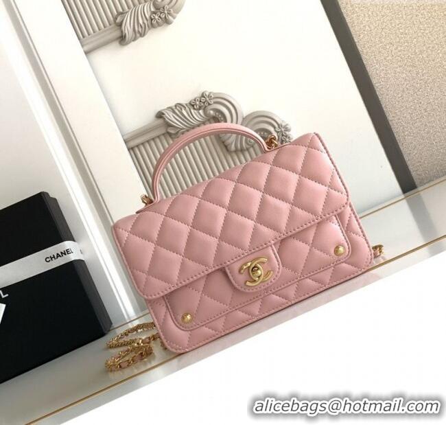 Super Quality Chanel Shiny Lambskin Wallet with chain and Top Handle Bag AP4674 Light Pink 2025