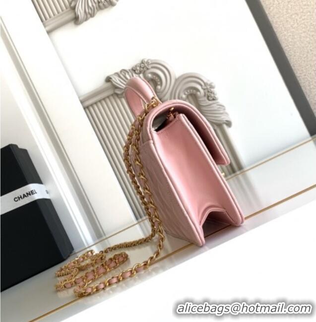 Super Quality Chanel Shiny Lambskin Wallet with chain and Top Handle Bag AP4674 Light Pink 2025