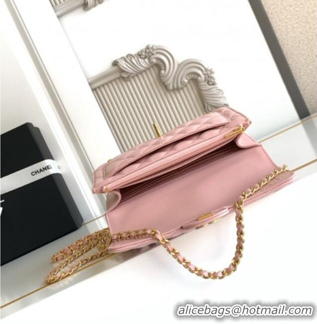 Super Quality Chanel Shiny Lambskin Wallet with chain and Top Handle Bag AP4674 Light Pink 2025