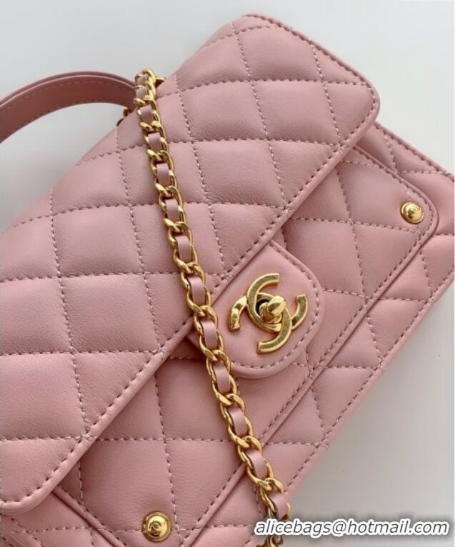 Super Quality Chanel Shiny Lambskin Wallet with chain and Top Handle Bag AP4674 Light Pink 2025