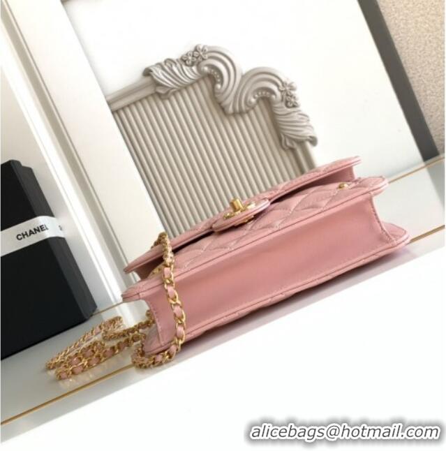 Super Quality Chanel Shiny Lambskin Wallet with chain and Top Handle Bag AP4674 Light Pink 2025
