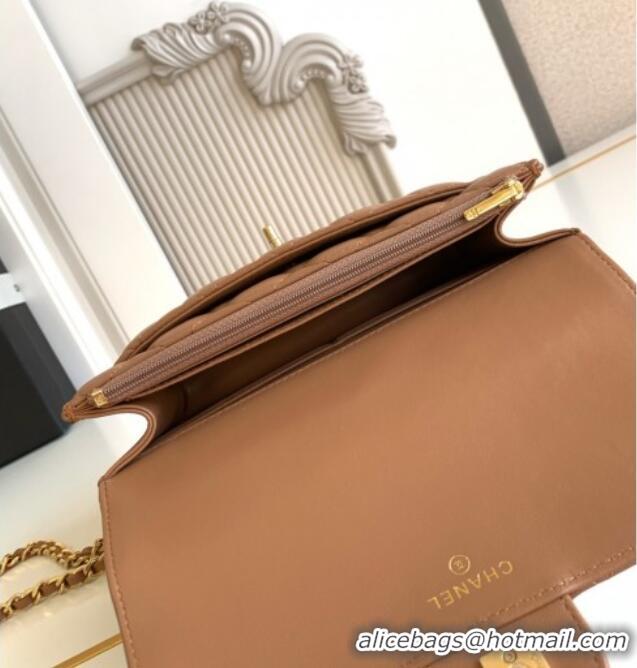 Best Price Chanel Shiny Lambskin Wallet with chain and Top Handle Bag AP4674 Brown 2025