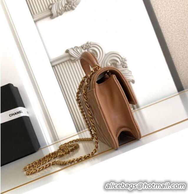 Best Price Chanel Shiny Lambskin Wallet with chain and Top Handle Bag AP4674 Brown 2025