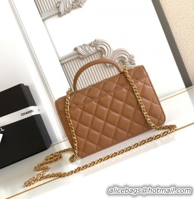 Best Price Chanel Shiny Lambskin Wallet with chain and Top Handle Bag AP4674 Brown 2025