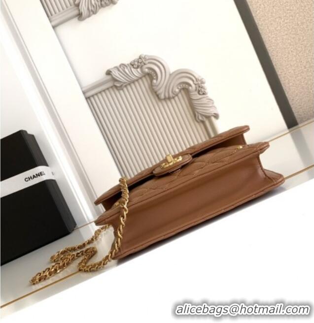 Best Price Chanel Shiny Lambskin Wallet with chain and Top Handle Bag AP4674 Brown 2025
