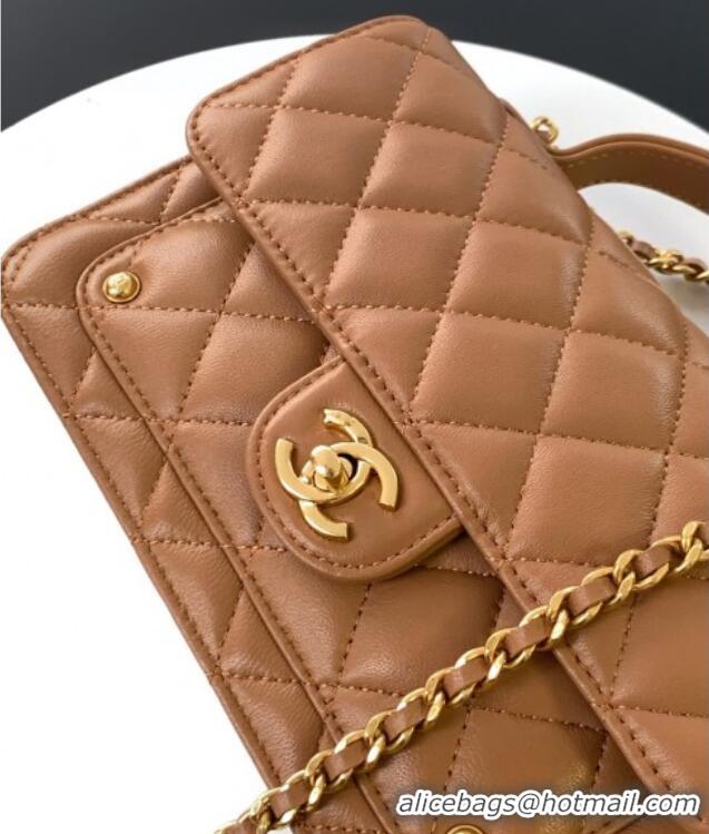 Best Price Chanel Shiny Lambskin Wallet with chain and Top Handle Bag AP4674 Brown 2025