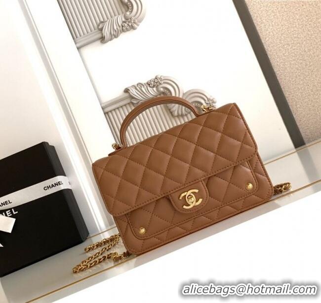 Best Price Chanel Shiny Lambskin Wallet with chain and Top Handle Bag AP4674 Brown 2025