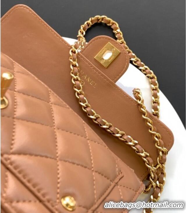 Best Price Chanel Shiny Lambskin Wallet with chain and Top Handle Bag AP4674 Brown 2025