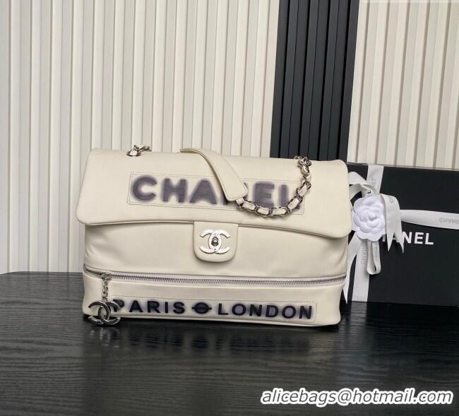 Most Popular Chanel Printed Leather Vintage Airport Flap Bag A9902 White/Black 2025