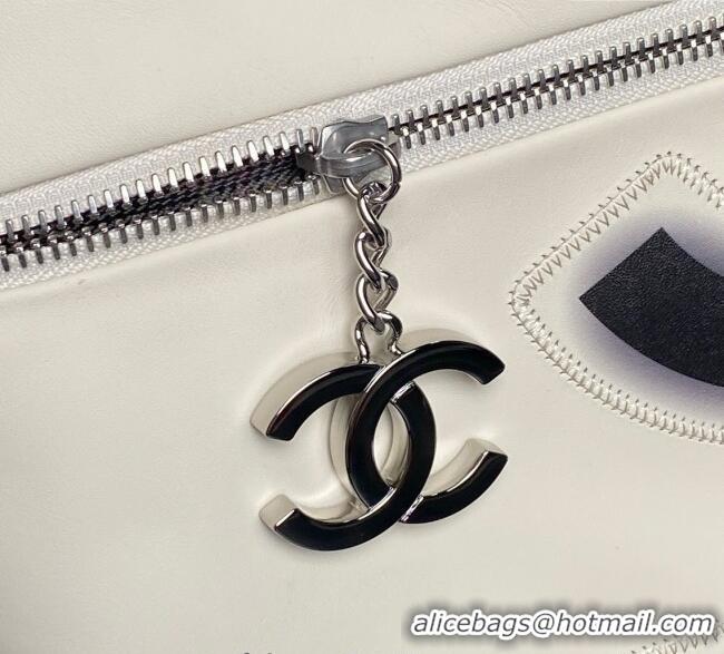 Famous Brand Chanel Printed Leather Vintage Airport Shopping Bag A9901 White/Black 2025