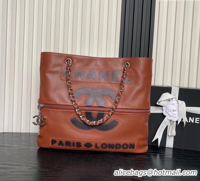 Luxury Cheap Chanel Printed Leather Vintage Airport Shopping Bag A9901 Brown 2025