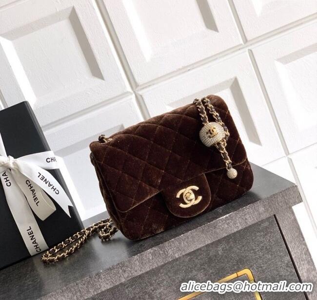 Original Cheap Chanel Velvet Mini Square Flap Bag with Strass Ball AS1786 Coffee Brown 2025