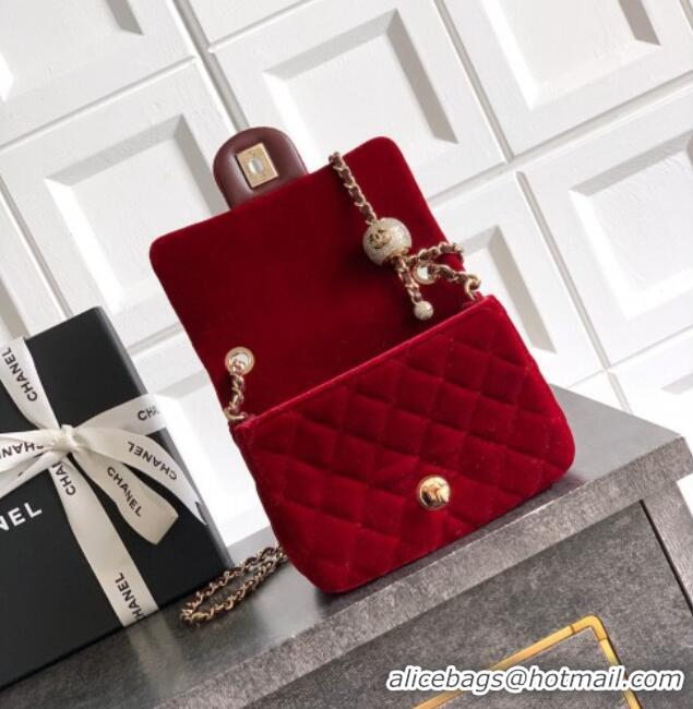 New Design Chanel Velvet Mini Square Flap Bag with Strass Ball AS1786 Red 2025