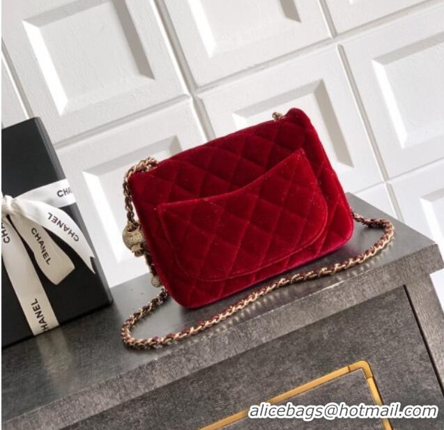New Design Chanel Velvet Mini Square Flap Bag with Strass Ball AS1786 Red 2025