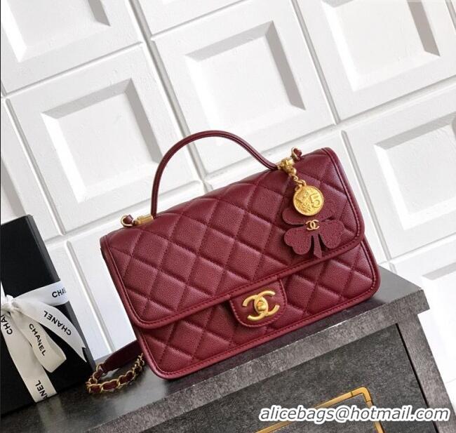 Modern Classic Chanel Grained Shiny Calfskin Flap Bag with Top Handle Bag AS3653 Burgundy 2025
