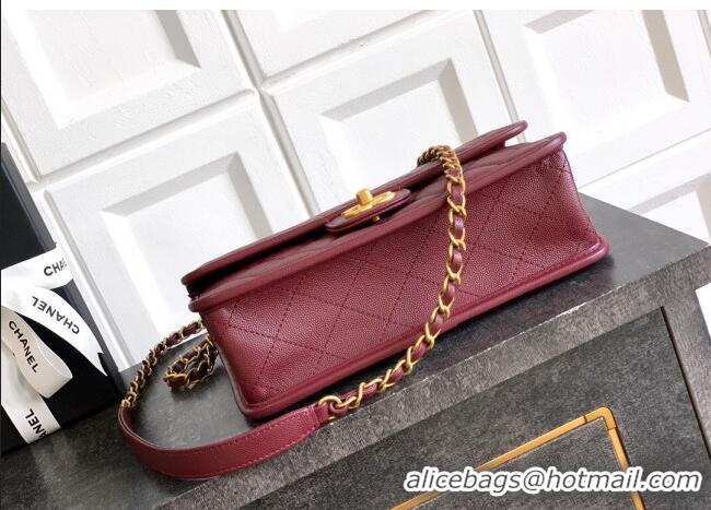 Modern Classic Chanel Grained Shiny Calfskin Flap Bag with Top Handle Bag AS3653 Burgundy 2025