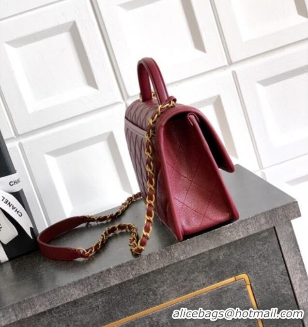 Modern Classic Chanel Grained Shiny Calfskin Flap Bag with Top Handle Bag AS3653 Burgundy 2025