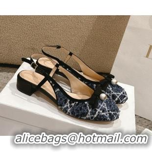 Best Price Dior Ballet Slingback Pumps 3cm in Quilted Cannage Tweed with Pearl Bow Blue 0822022