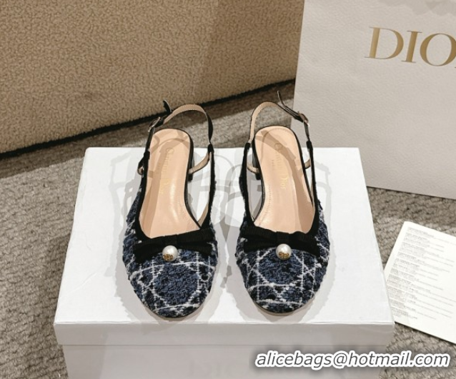 Best Price Dior Ballet Slingback Pumps 3cm in Quilted Cannage Tweed with Pearl Bow Blue 0822022