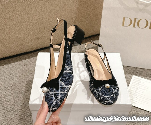 Best Price Dior Ballet Slingback Pumps 3cm in Quilted Cannage Tweed with Pearl Bow Blue 0822022